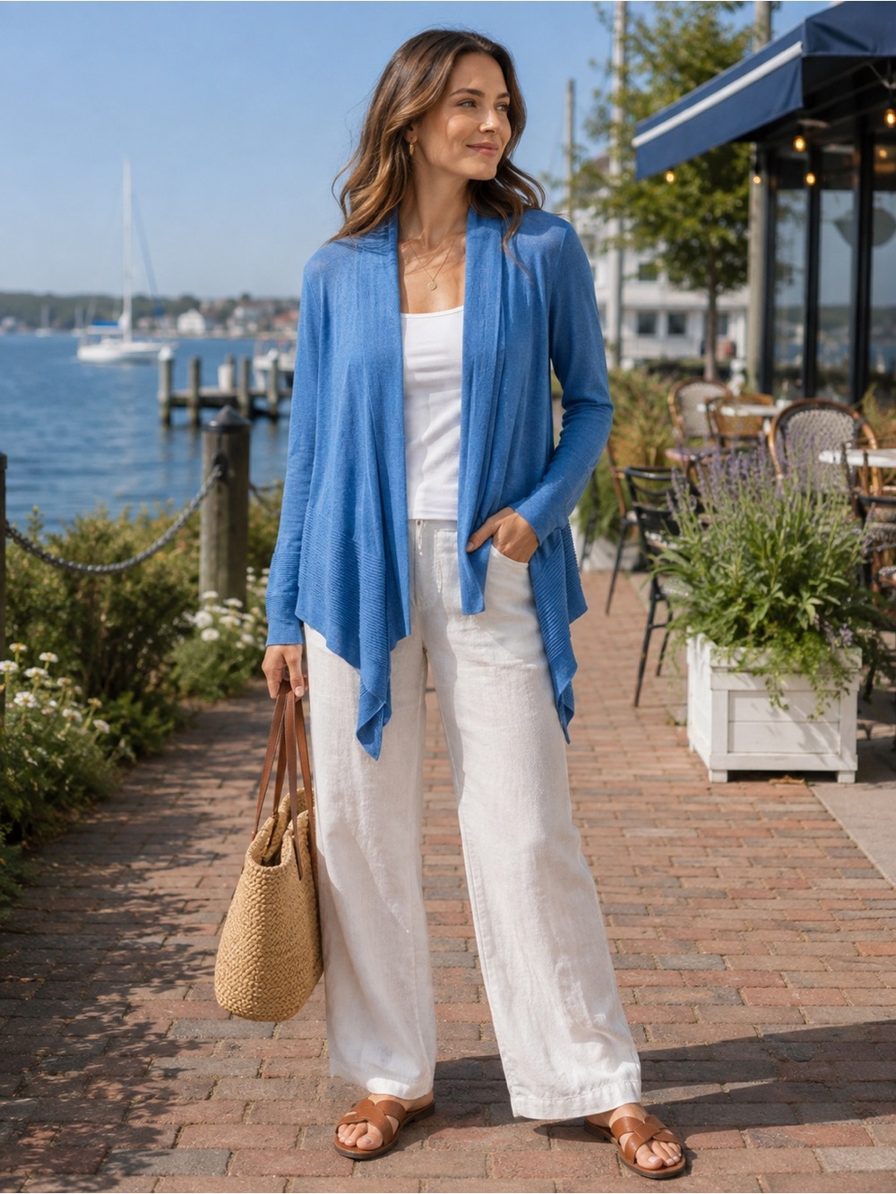NIC+ZOE Linen Blend Blue Waterfall Cardigan Large Draped Open Front